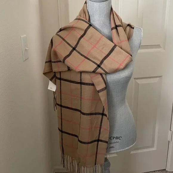 Accessories Womens Cashmere Feel Scarf Tan With Black And Red